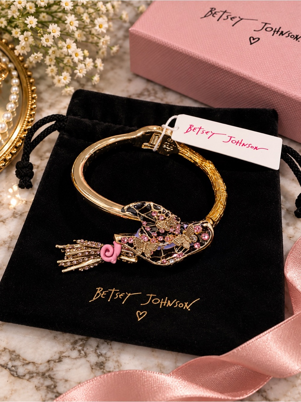Betsey Johnson Gold-tone Pink Crystal Witch hat Hinge Bangle Bracelet